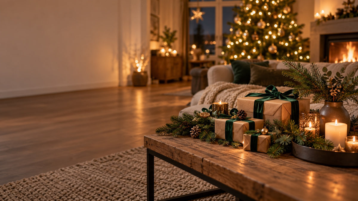 Gemütliches Wohnzimmer mit Weihnachtsbaum und Geschenken