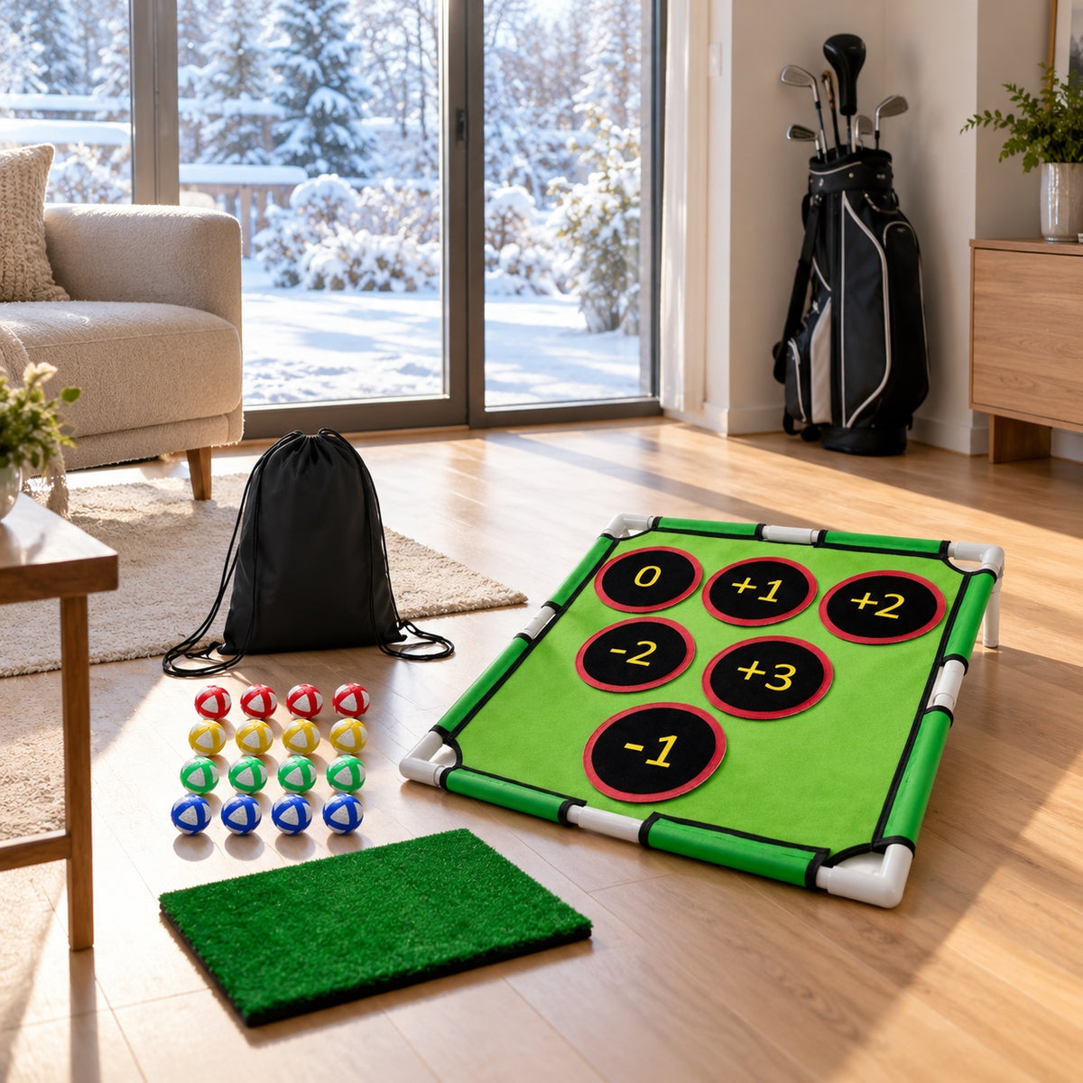 Golf Chipping-Spiel mit Zielscheibe, Matte und 16 Klettbällen im Wohnzimmer im Winter