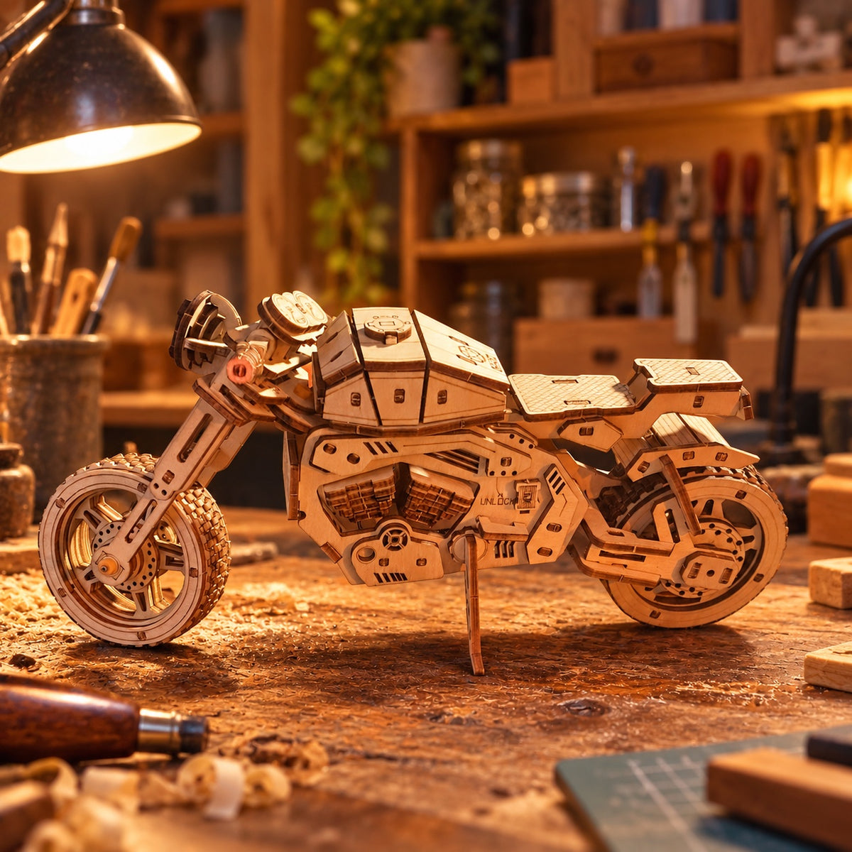 Holzbausatz Motorrad auf einer Werkbank in einer Werkstatt